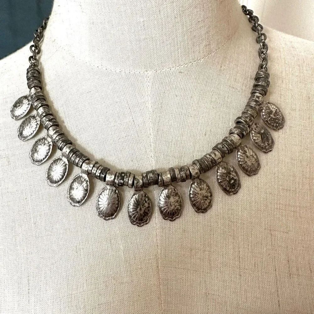 Bohemian antique silver tone vintage  disc necklace